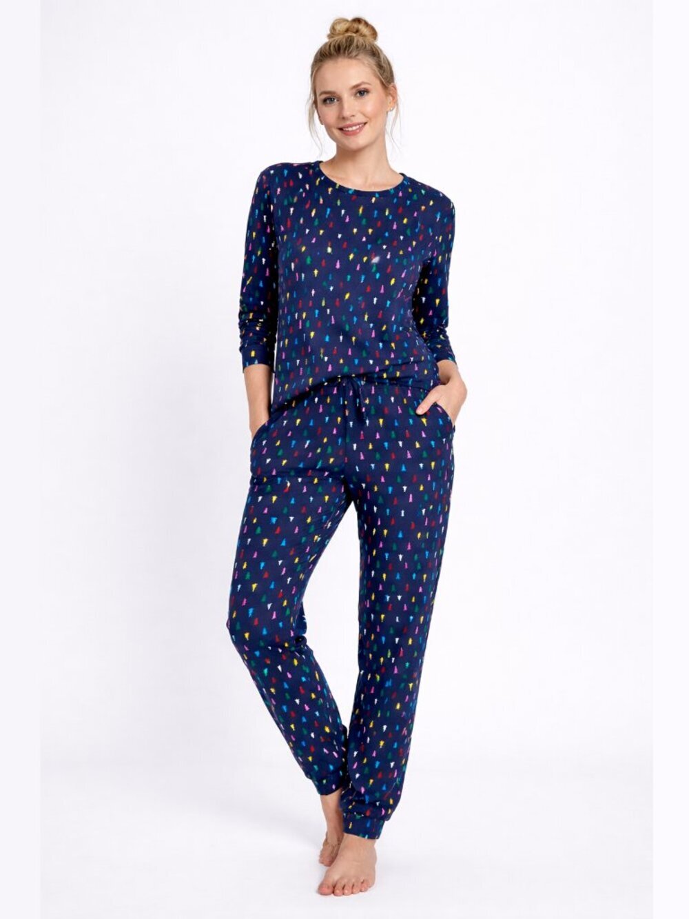 2/$30 Lands' End Flannel Printed Holiday Tree Pajama Top Long Sleeve Blue #A2304